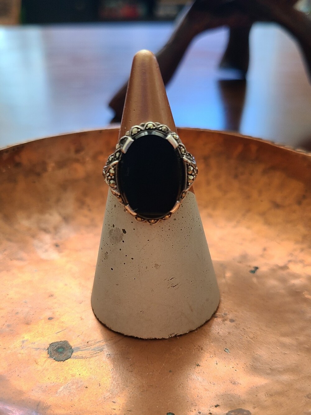 oval black onyx ring set in an ornate sterling silver band & Marcasite Stones